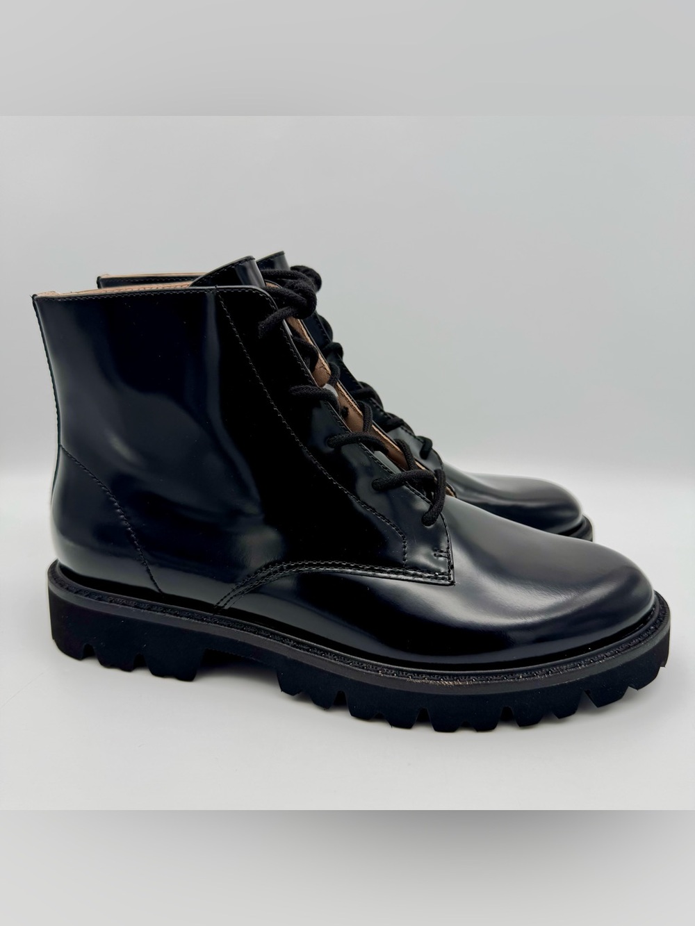 J.Crew Black Leather Lug Sole Lace Up Boots Women Size 6.5 NWOB